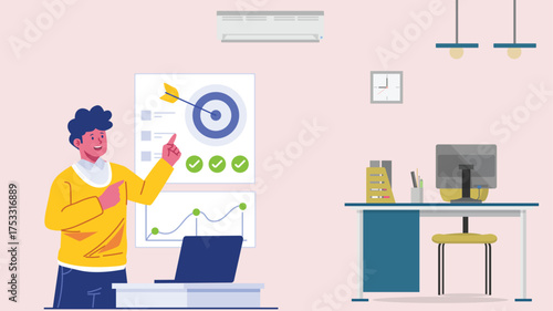 Businessman Giving Presentation with Target Chart in Modern Office