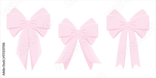 Bow set. Cartoon vector pink ribbons satin bows for Valentines day gifts, present cards and luxury wrap pack isolated on white background