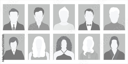 Collection of monochrome simple gray avatar icons, default male and female profiles. Diverse people avatars for social media profiles. Vector