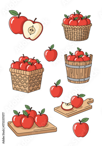 A collection of red apples in baskets buckets and on cutting boards.