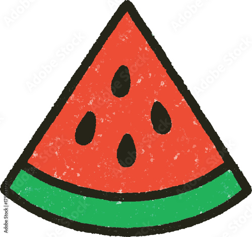 Watermelon slice crayon drawing with bold green rind and red pulp in cute doodle style ideal for kids fruit label or summer drink packaging design