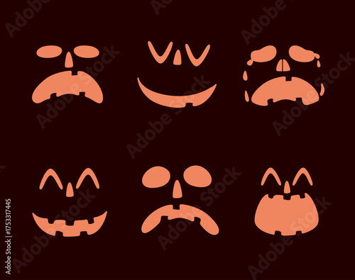 Vector cartoon illustration of multiple light pumpkin faces with different expressions on a dark background. Design element for Halloween party designs, seasonal banners and spooky decoration themes