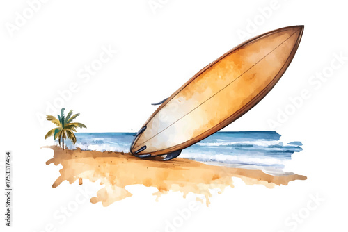 Surfboard Leaning On Sandy Beach With Ocean Waves And Palm Tree watercolor illutrastion transparent background