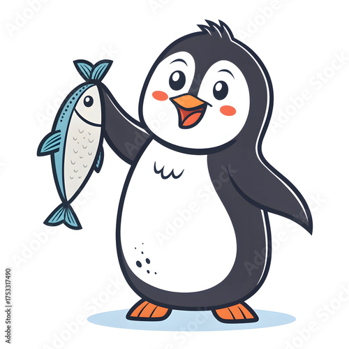 penguin with fish icon cartoon of penguin with fish