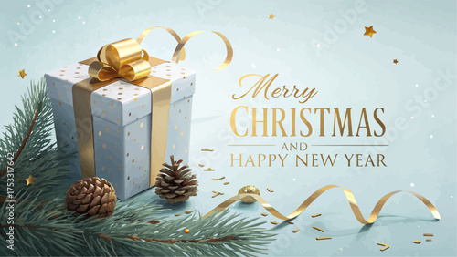 A christmas gift with golden ribbon pine cones and merry christmas and happy new year wishes in gold letters