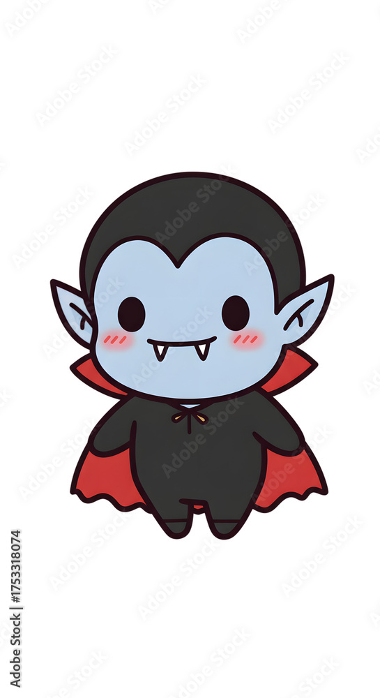 Fototapeta premium Cute chibi cartoon vampire with fangs and red cape on white background.