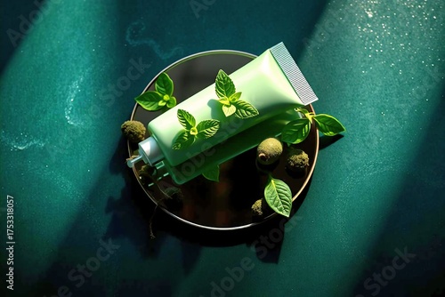 Mint-colored hand cream on a mirror surface, styled with bergamot, basil, and oak moss against a dark green textured background.