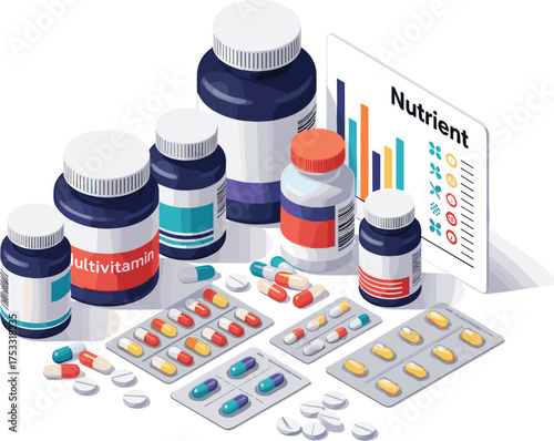 Isometric 3D Vector Icons of Multi Vitamin Complex Featuring Angled Bottles, Capsules, Tablets, Nutrient Charts, and Supplement Packs.