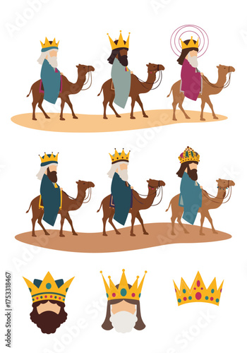 The wise men on camels wearing crowns on a sandy background.