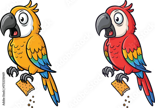 Cartoon parrots eating crackers, colorful tropical bird illustration, funny animal artwork, playful design, exotic theme, creative concept, humorous character scene