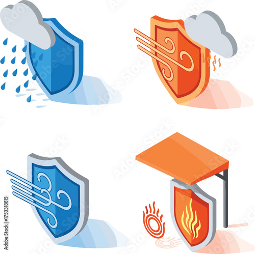 Isometric 3D Vector Icons Representing Weatherproof and Climate Resistant Features in Modern Perspective View.