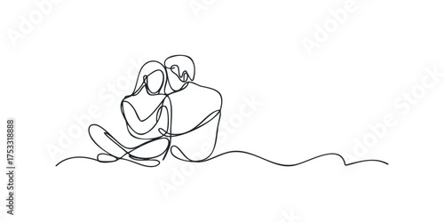 Couple embracing in single line drawing style