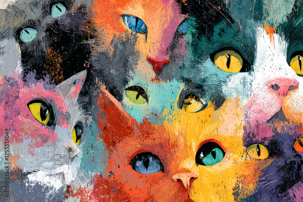 Fototapeta Colorful illustration of multiple cats with expressive eyes and vibrant fur patterns