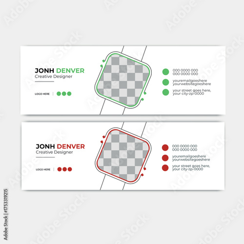 Corporate email signature with a different style with red and green colours.