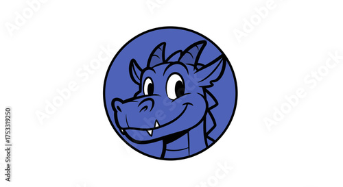 Smiling blue cartoon dragon head mascot in a circular frame, friendly fantasy character on a black