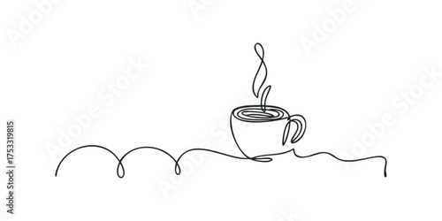 Continuous line drawing of steaming coffee cup
