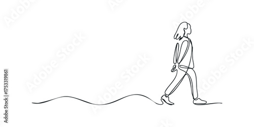 Single line drawing of a person walking forward with a wavy line