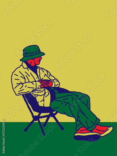 A young man in hiking gear is sitting on a chair looking at the path he is about to take. Illustration graphic design.
