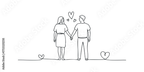 Line drawing couple holding hands with hearts