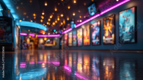 Neon Lights and Reflective Floors in a Modern Cinema Lobby with Movie Posters and Ambient Lighting