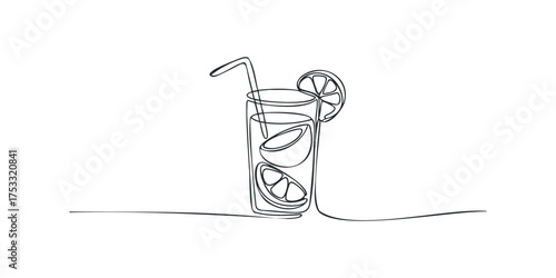 Continuous line drawing of a refreshing beverage in a tall glass with citrus slices and a straw