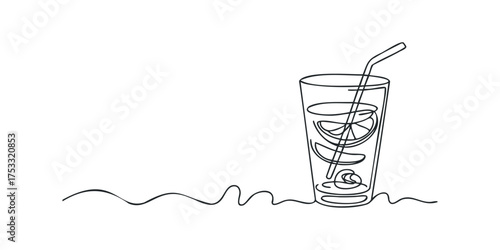 Single line drawing of a tall glass with refreshing drink and fruit