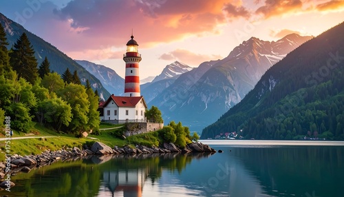 A scenic coastal scene with a lighthouse, nestled between mountains and a serene lake at sunset. Lush greenery and reflections present