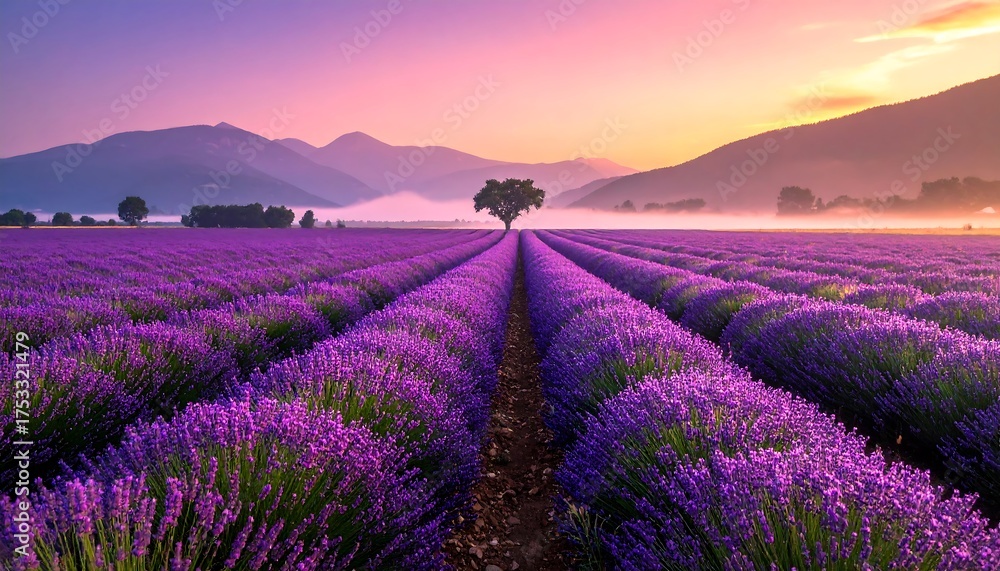 Obraz premium A scenic vista unveils endless rows of blooming purple flowers under a soft, pastel-colored sky. A lone tree stands center, mountains behind