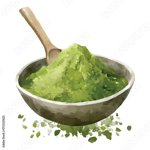Watercolor illustration of matcha powder in a bowl with a watercolor illutrastion transparent background
