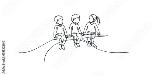 Three children holding hands in continuous line drawing style