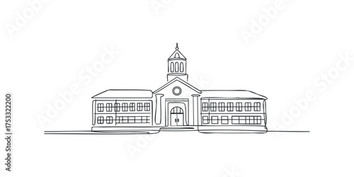 Line art drawing of a classic public building with a clock tower