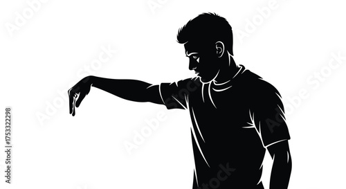 Young man silhouette with focused gaze and precise hand gesture. Graphic black and white illustration, concept of control or measurement.