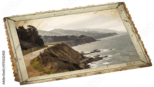 A framed painting of a coastal landscape with a road and trees along the cliffs and ocean view point
