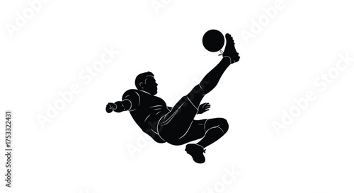 Dynamic Soccer Player Overhead Kick Silhouette Illustration on White Background - Football Athlete Bicycle Kick Action