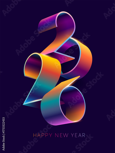 Happy New year 2026. 3D colorful numbering design. Bright greeting card with calendar date.