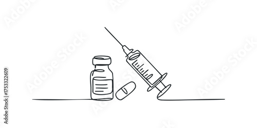 Continuous line drawing of medical vial, pill, and syringe