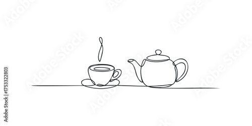Continuous line drawing of a steaming coffee cup and teapot
