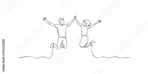 Happy man and woman jumping together with arms raised