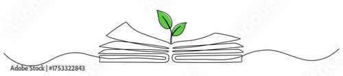 Open book with green sprout plant continuous line drawing. Growing knowledge concept. Vector illustration isolated on white.