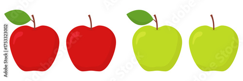 Red and green apples collection. Sweet fruits set. Vector illustration isolated on white.