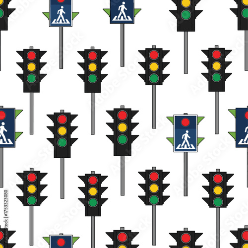 Seamless Vector Pattern of Traffic Lights Featuring Repeating Signal Poles, Pedestrian Walk Symbols, and Red-Yellow-Green Light Boxes for Road-Themed Backgrounds.