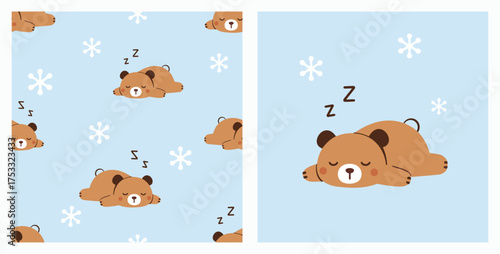 Sleeping bear seamless pattern on soft blue with simple snowflakes and z symbols, cute hand-drawn winter repeat for kids fabric, pajamas, wrapping and cozy nursery decor.
