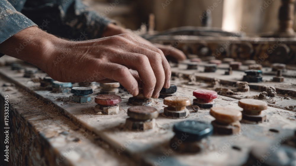 Obraz premium Operator Hands Adjusting Control Panel in Marble Factory Setting with Dusty Knobs and Abandoned Machinery