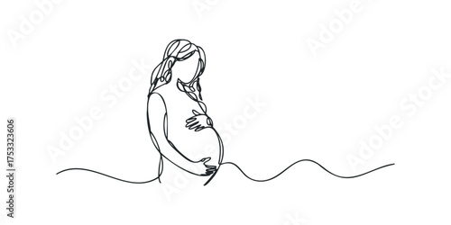 Pregnant woman holding belly with flowing hair one line drawing