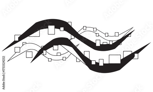 Abstract Flowing Black and White Design with Dynamic Wavy Lines and Geometric Squares