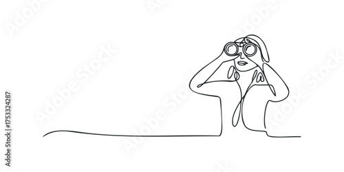 Person holding binoculars looking forward with one continuous line
