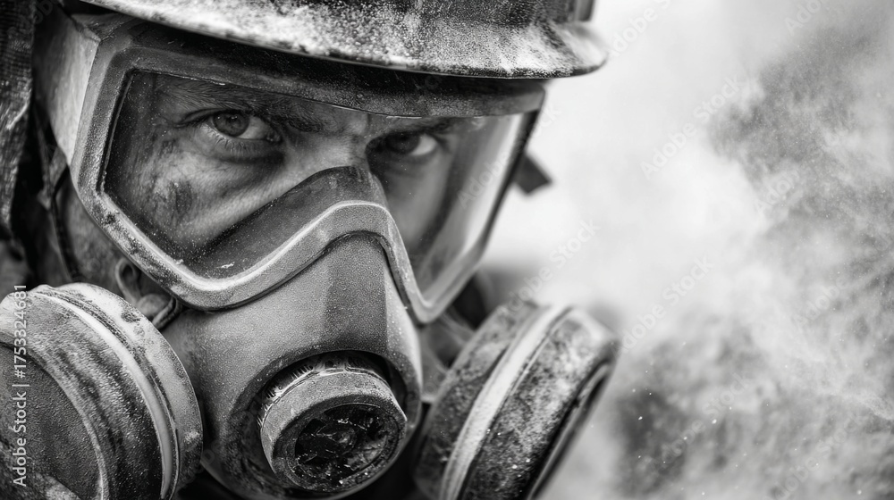 Fototapeta premium Worker in Respirator Mask Surrounded by Dust and Fine Particles, Captured in Black and White Photography