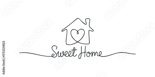 Continuous line drawing of a house with a heart and text