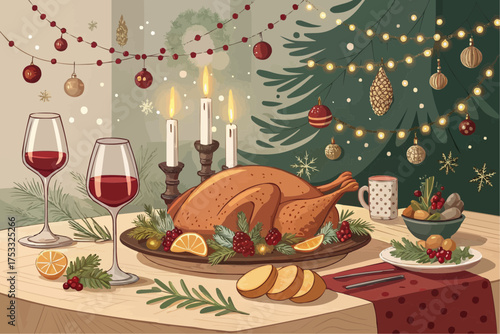 A festive christmas dinner scene with turkey, wine, and decorated christmas tree in the background