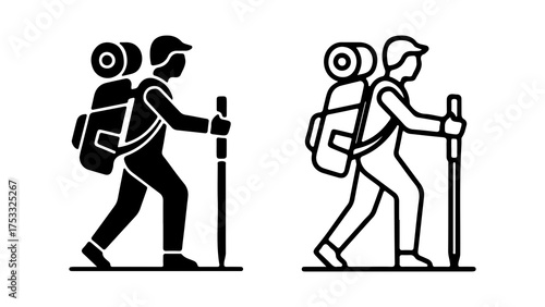 Hikers walking uphill with trekking poles with transparent background